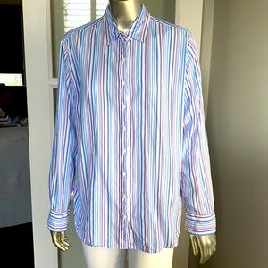 White, blue, red, pink striped button down. Size S